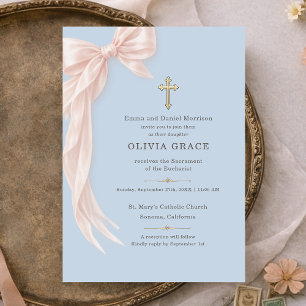 First Holy Communion Bow Girl Baby Blue Invitation