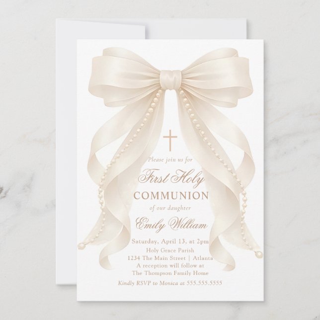First Holy Communion Bow Pearls Invitation (Devant)