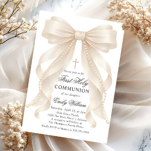 First Holy Communion Bow Pearls Invitation