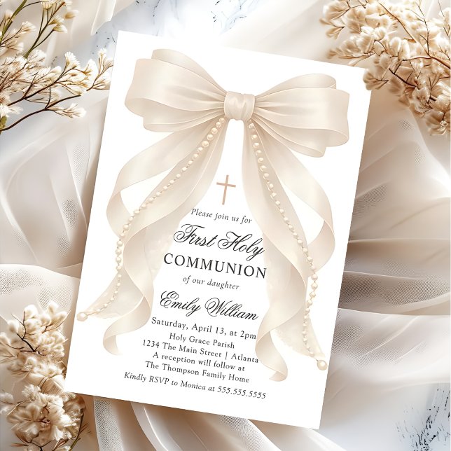 First Holy Communion Bow Pearls Invitation (Creator Uploaded)