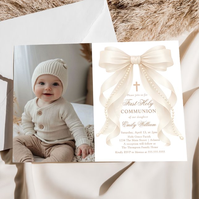 First Holy Communion Bow Pearls Photo Invitation (Creator Uploaded)