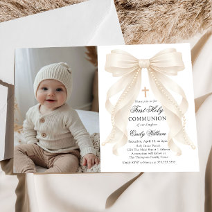 First Holy Communion Bow Pearls Photo Invitation