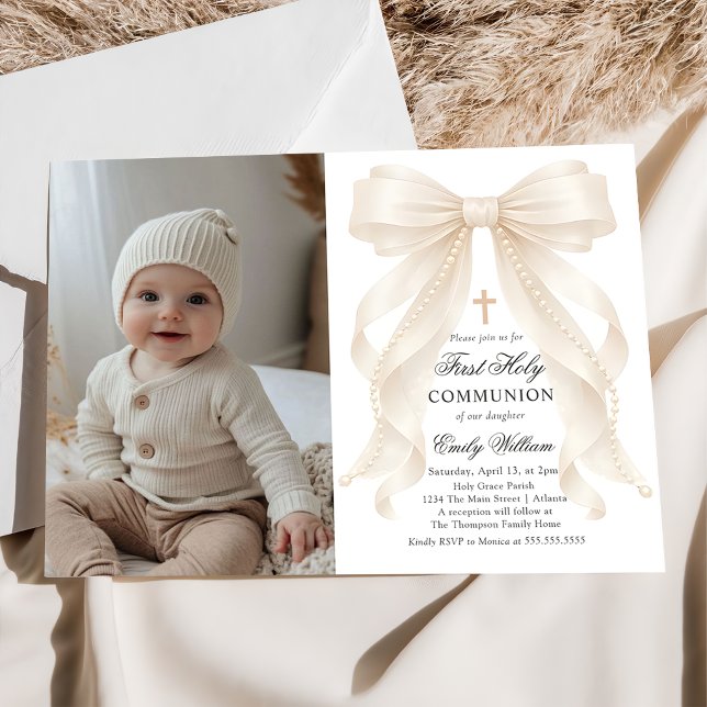 First Holy Communion Bow Pearls Photo Invitation (Creator Uploaded)