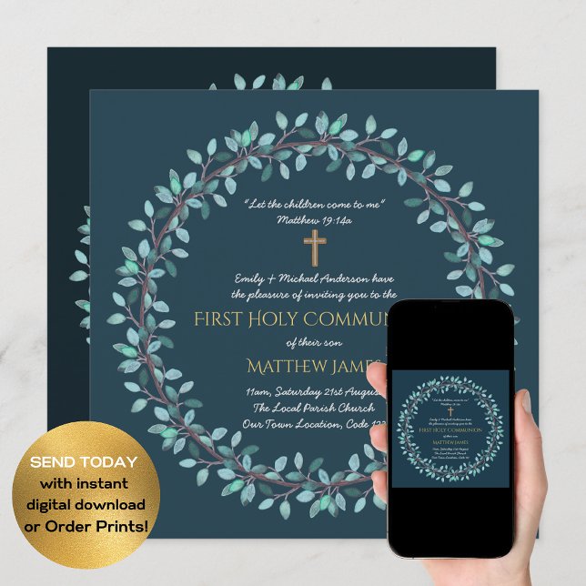First Holy Communion Boys Blue Wreath Invitations (Creator Uploaded)