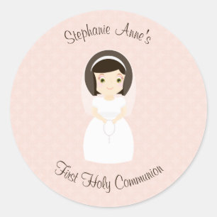 First Holy Communion Brunette Girl Classic Round Sticker