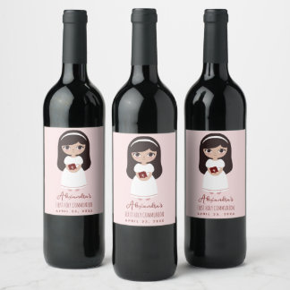 First Holy Communion Brunette Girl Cute Pink  Wine Label