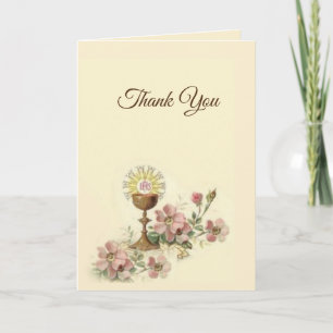 First Holy Communion Catholic Floral Thank You Card