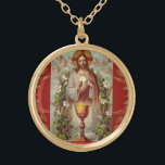 First Holy Communion Catholic Jesus Angels Gold Plated Necklace<br><div class="desc">This is a beautiful traditional Catholic image of Jesus offering the host with the chalice,  flowers and a red background.</div>