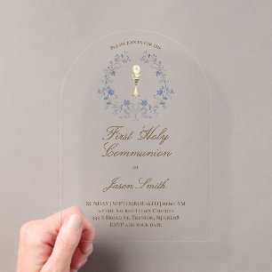 First Holy Communion chalice blue foliage Acrylic Invitations