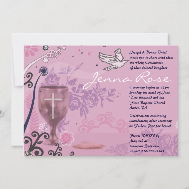 First Holy Communion Chalice Dove Invitation pink (Front)