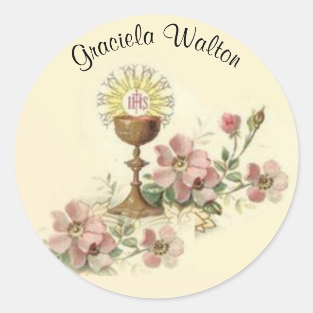 First Holy Communion Chalice Flowers Remembrance Classic Round Sticker (Front)