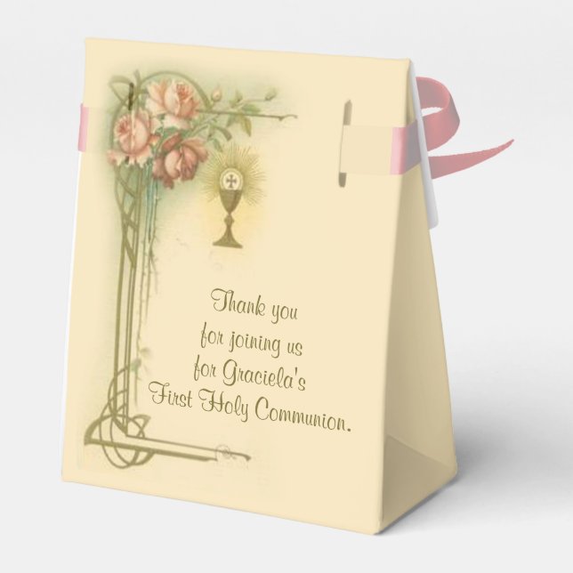 First Holy Communion Chalice Host Pink Flowers Favor Box (Back Side)