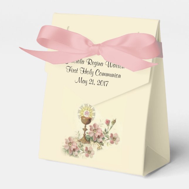 First Holy Communion Chalice Host Pink Flowers Favor Box (Front Side)