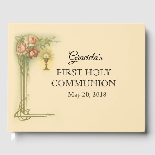 First Holy Communion Chalice Host Pink Roses Guest Book (Front)