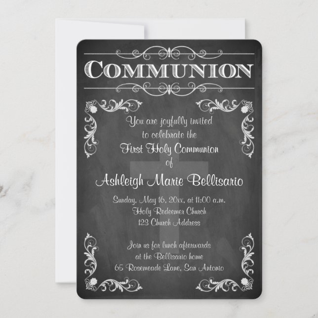 First Holy Communion | Chalkboard | Cross | Scroll Invitation (Front)