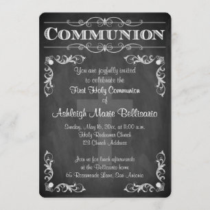 First Holy Communion Chalkboard Cross Scroll Invitation