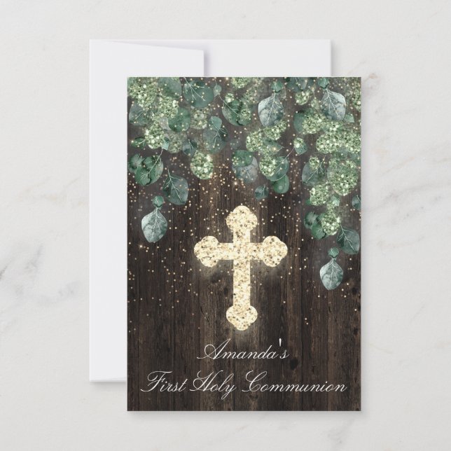 First Holy Communion  Christian Event Cross Rustic Invitation (Back)