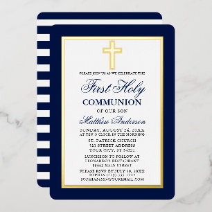 First Holy Communion Cross Blue Stripes Gold Frame