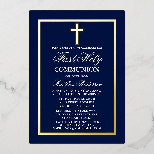 First Holy Communion Cross Navy Blue Gold (Front)