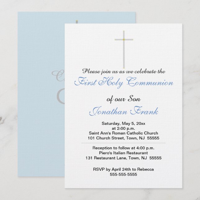 First Holy Communion Cross Son Blue Grey Invitation (Front/Back)