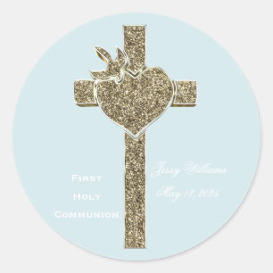 First Holy Communion Cross with Dove and Heart Classic Round Sticker