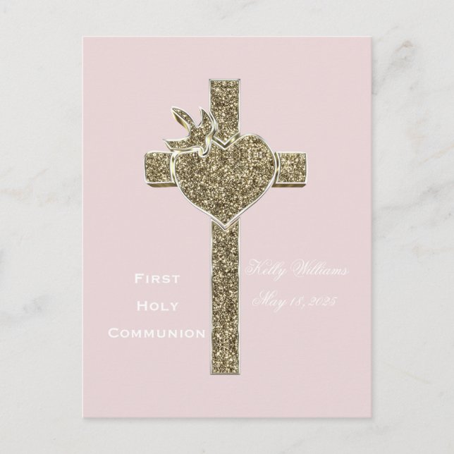 First Holy Communion Cross with Dove and Heart Postcard (Front)