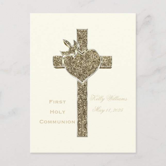 First Holy Communion Cross with Dove and Heart Postcard (Front)