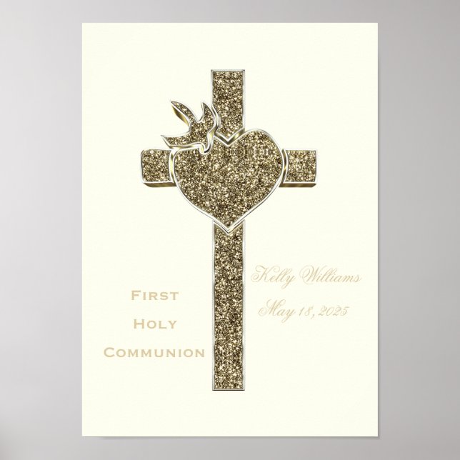 First Holy Communion Cross with Dove and Heart Poster (Front)