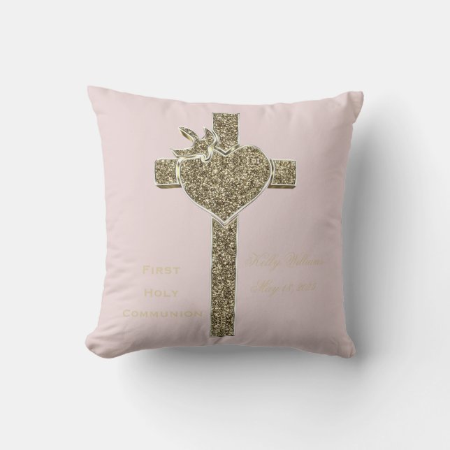 First Holy Communion Cross with Dove and Heart Throw Pillow (Front)