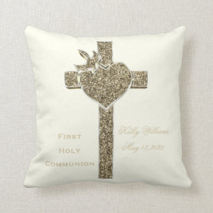 First Holy Communion Cross with Dove and Heart Throw Pillow
