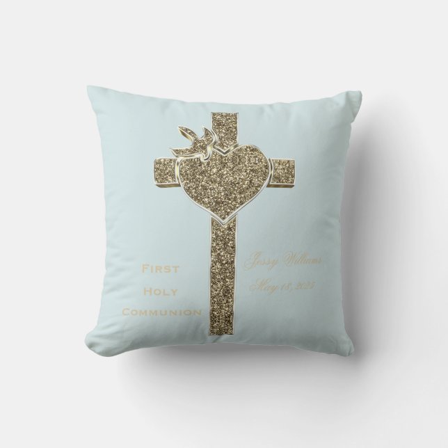 First Holy Communion Cross with Dove and Heart Throw Pillow (Front)
