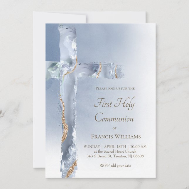 First Holy Communion dusty blue agate Holy Cross Invitation (Front)