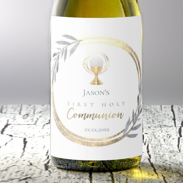 First Holy communion dusty blue faux gold foil   Wine Label (Creator Uploaded)