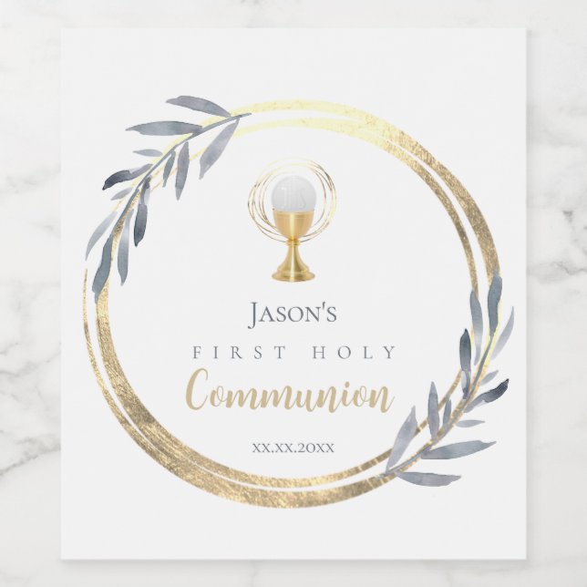 First Holy communion dusty blue faux gold foil   Wine Label (Single Label)