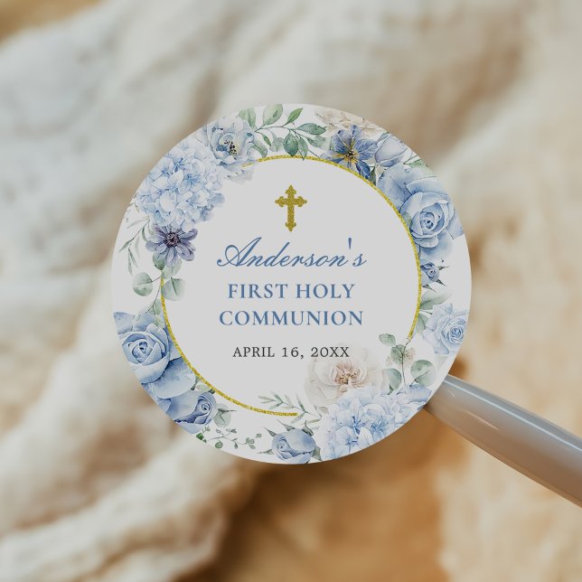 First Holy Communion Dusty Blue Floral Classic Round Sticker (Creator Uploaded)
