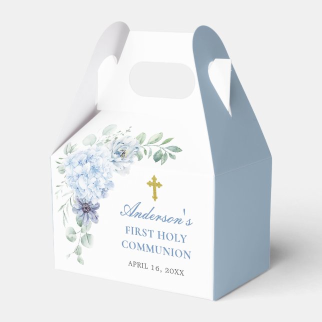 First Holy Communion Dusty Blue Floral Favor Box (Front Side)