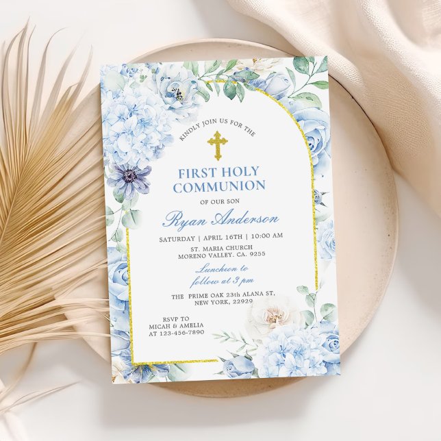 First Holy Communion Dusty Blue Floral Invitation (Creator Uploaded)