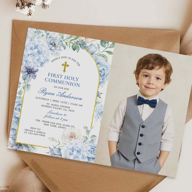 First Holy Communion Dusty Blue Floral Photo Invitation (Creator Uploaded)