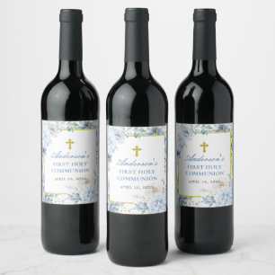 First Holy Communion Dusty Blue Floral Wine Label
