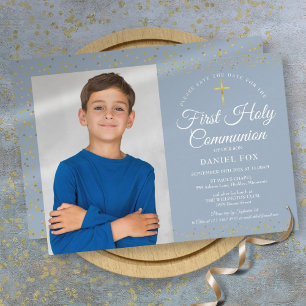 First Holy Communion Dusty Blue Gold Dust Photo Save The Date