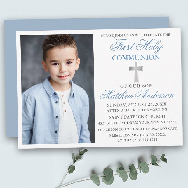 First Holy Communion Dusty Blue Silver Photo Invitation (Customize to change text size, text style or color of back of card.)