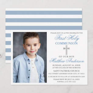 First Holy Communion Dusty Blue Silver Striped Invitation