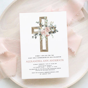First Holy Communion Dusty Pink Rose Greenery Inv Invitation