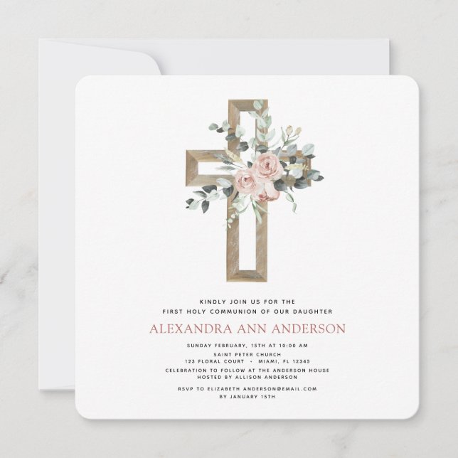 First Holy Communion Dusty Pink Rose Greenery Invitation (Front)
