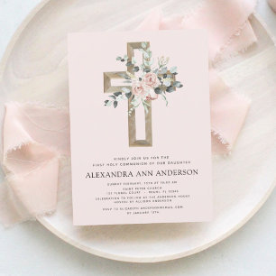 First Holy Communion Dusty Pink Rose Greenery Invitation
