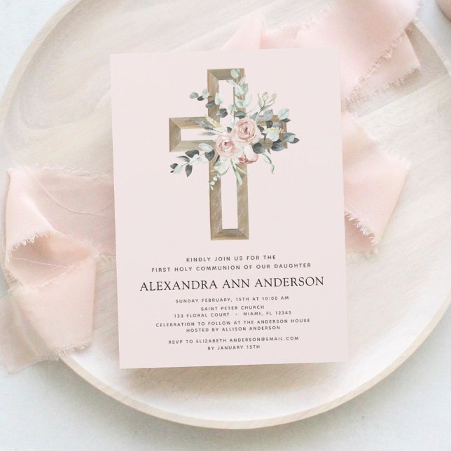 First Holy Communion Dusty Pink Rose Greenery Invitation (Creator Uploaded)
