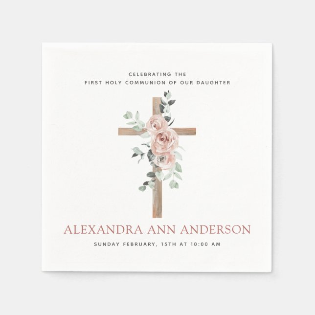 First Holy Communion Dusty Pink Rose Napkin (Front)