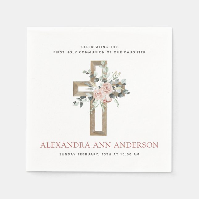 First Holy Communion Dusty Pink Rose Napkin (Front)