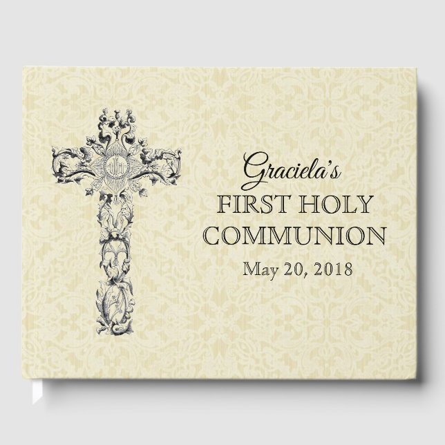 First Holy Communion Ecru Lace Cross Host Guest Book (Front)