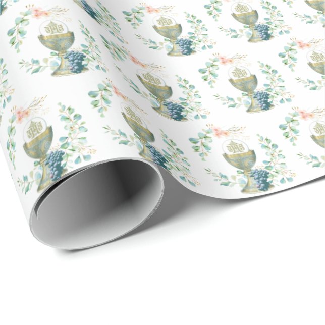 First Holy Communion Elegant Eucalyptus Catholic  Wrapping Paper (Roll Corner)